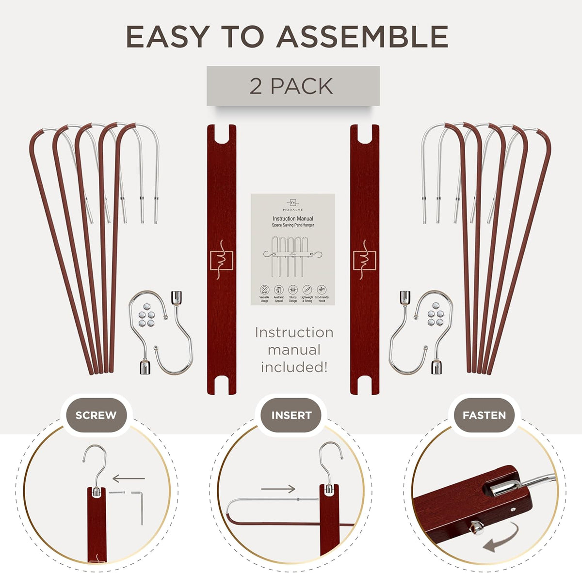 MORALVE Pants Hangers - Space-Saving Beechwood Scarf & Jean Rack | 2-Pack with 360° Swivel Hook