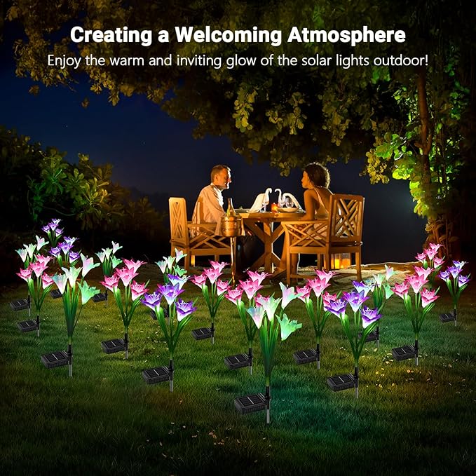 WdtPro Solar Lights Outdoor Garden Decorative 6 Pack, Waterproof Solar Garden Lights with 24 Lily Flowers, Color Changing LED Solar Powered Landscape Lights for Outside Yard Patio Decor,Gifts