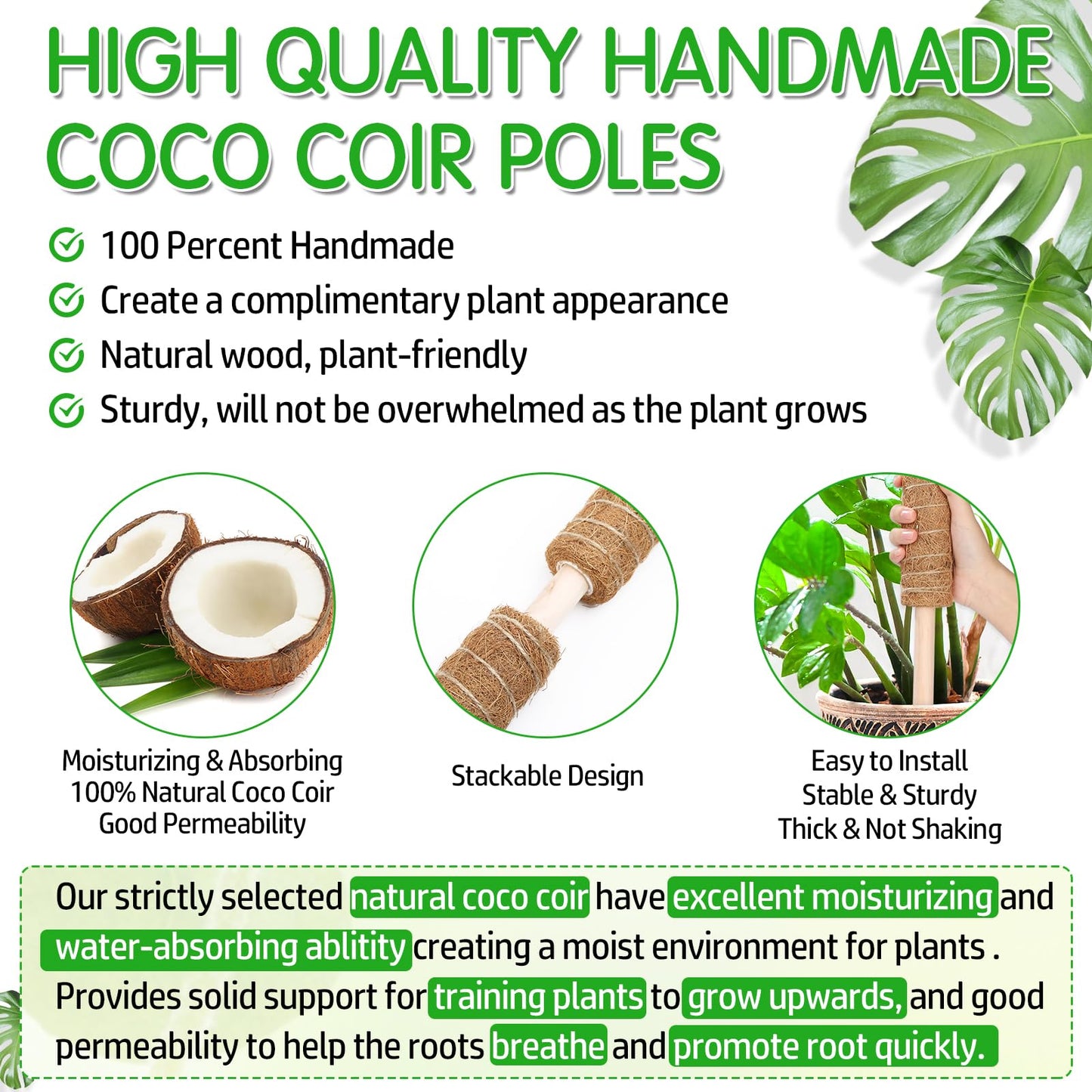 ROADPLUM 4 Pack 21.7" Coco Coir Poles, Stackable Plant Stakes Moss Pole for Plant Monstera with Twist Ties Plant Ties Labels Jute Rope, Plant Sticks Support for Climbing Plants Growth Indoor