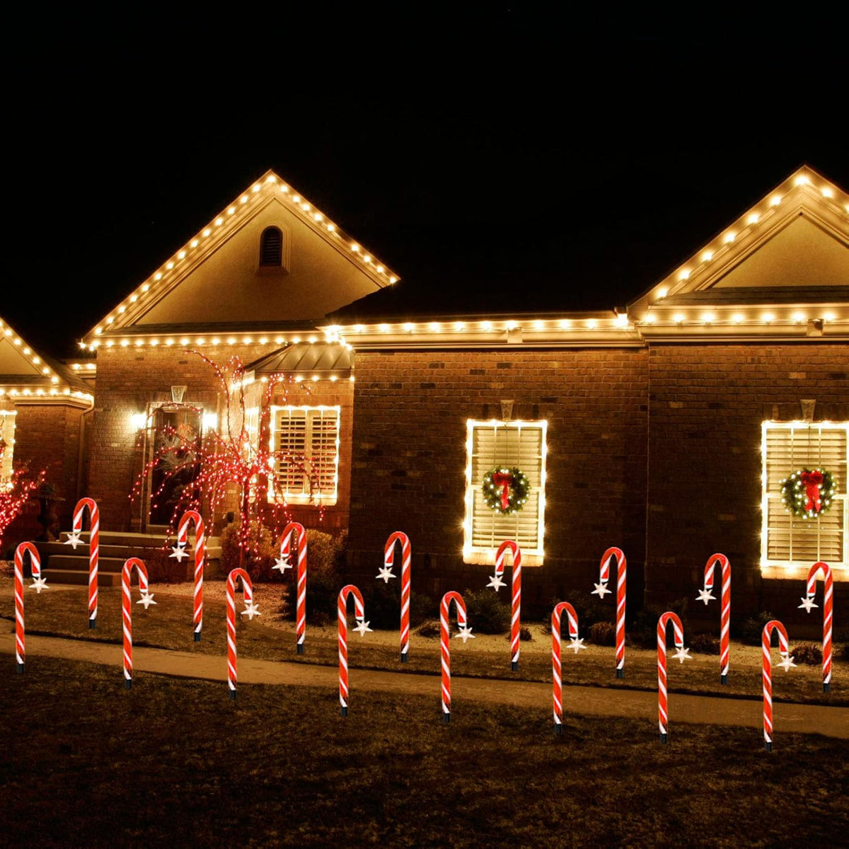 Skiennix Christmas Pathway Lights - Set of 8 Solar Candy Cane Decorations | Waterproof 15ft Garden Lights