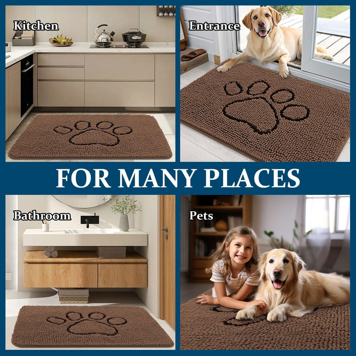 OLANLY Dog Door Mat - Absorbent Non-Slip Mud Mat for Muddy Paws | 36x24 Mocha Paw Print Design
