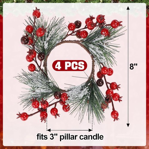 Christmas Candle Rings - Decorative Wreath Garland for 3" Dia Pillar Candles | Artificial Red Berries