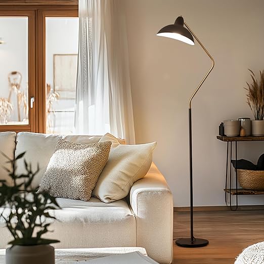 Brightech Swoop 69 in. Classic Black Industrial 1-Light Adjustable LED Floor Lamp with Black Metal Bowl Shade FL-SWP-BLK