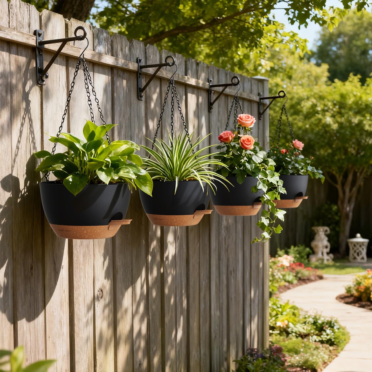 UOUZ 4 Pack 8 Inch Self Watering Hanging Planters for Indoor Outdoor Plants,Hanging Pots for Plants with Drainage Removable Tray, Hanging Baskets Flower Pots for Pothos Spider Garden Black with Brown