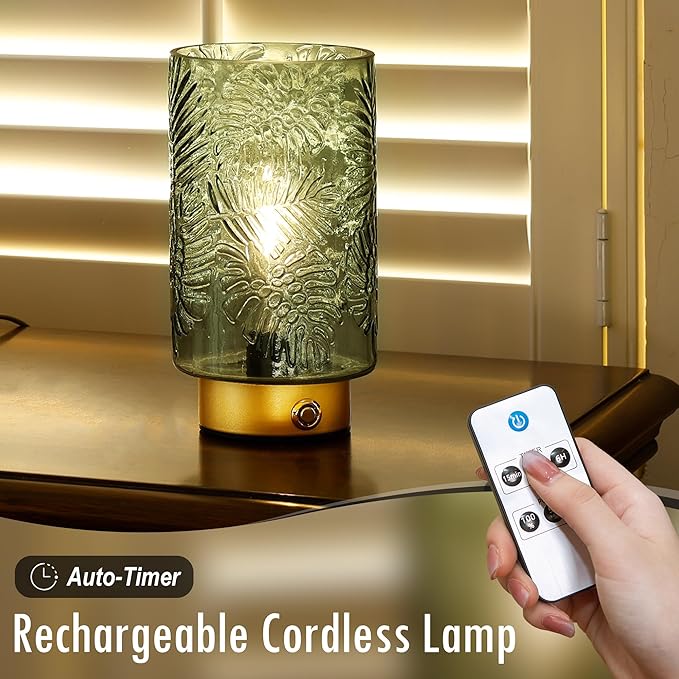 Cordless Lamp Rechargeable Battery Operated lamp, Glass Table Lamp Remote Control - Dimmable Brightness Touch Wireless Bedside Lamp for Bedroom Kitchen Dining Home Living Room Decor Green