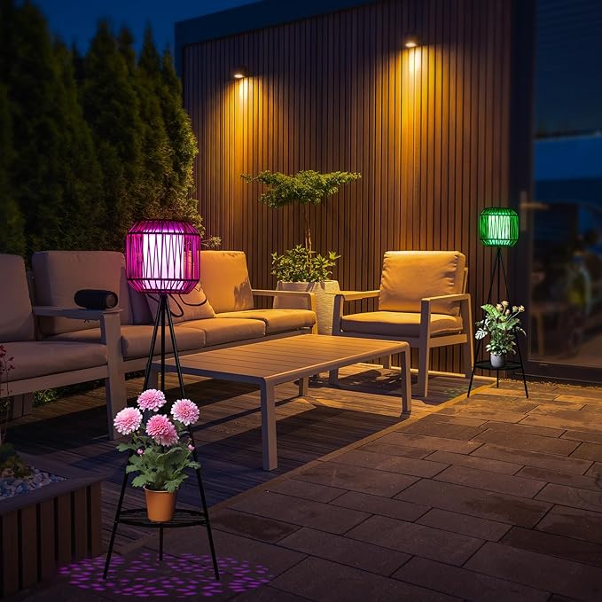 HUYIENO 2pk Solar Floor Lamps Porch Decorations 9 Color Option Outdoor Rattan Lights with Plant Stand Both USB Charge and Solar Powered Garden Lantern Lights for Patio Yard Pathway