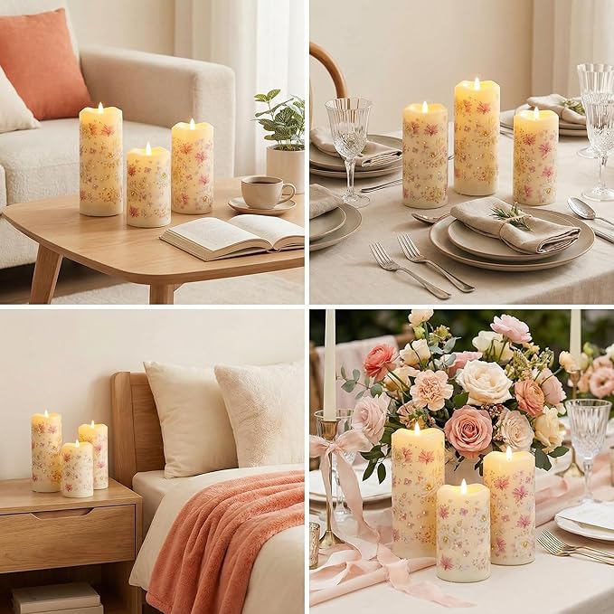 Eywamage Fiber Optic Flameless Pillar Candles with Remote, Floral Butterfly Spring LED Candles Flickering Easter Home Decor Set of 3