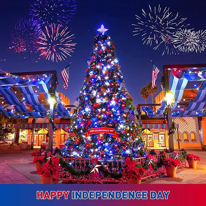 JMEXSUSS 200 LED 66ft Red White and Blue Lights Outdoor, Expandable Waterproof 4th of July Lights, 8 Modes Patriotic String Lights Plug in for 4th of July Tree Independence Day Indoor Decorations