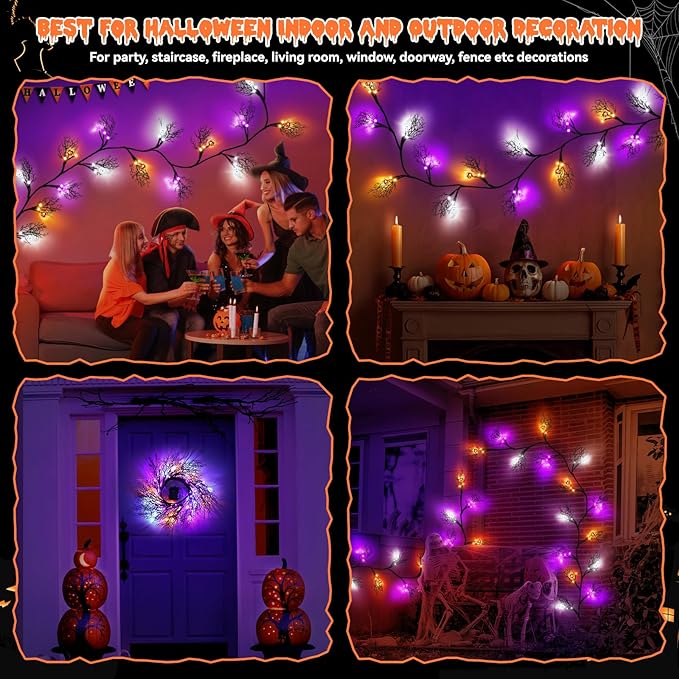 6 FT 54 LED Halloween Lights, 8 Modes & Timer Battery Operated Halloween Pumpkins Bats Ghosts Lights with Willow Vine Twig, 3D Waterproof Decorations Lights for Indoor Wall Party Fireplace Mantle