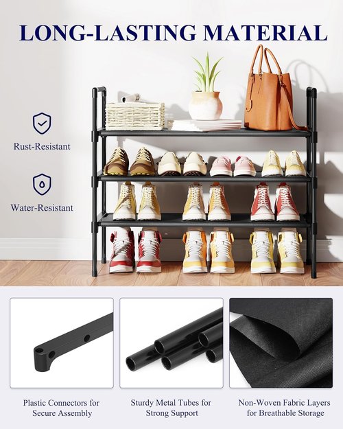 Kitsure Shoe Rack - 3-Tier Organizer for Closet & Entryway | Easy Assembly, 27.6" Wide, Black