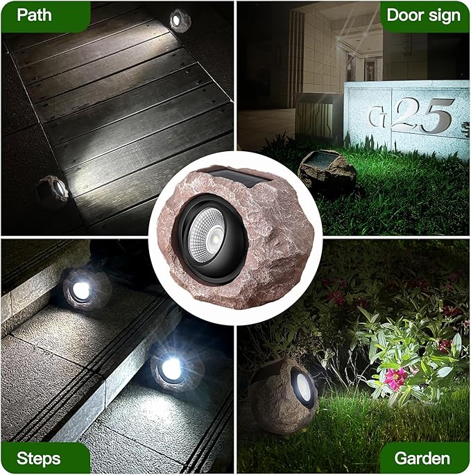 4 Pack Solar Rock Lights Outdoor, Angle Adjustable Solar Lights Outdoor Waterproof, LED Solar Garden Lights, Auto On/Off Landscape Lighting for Yard Pathway Patio Flower Bed - White Glow (Stone Brown)
