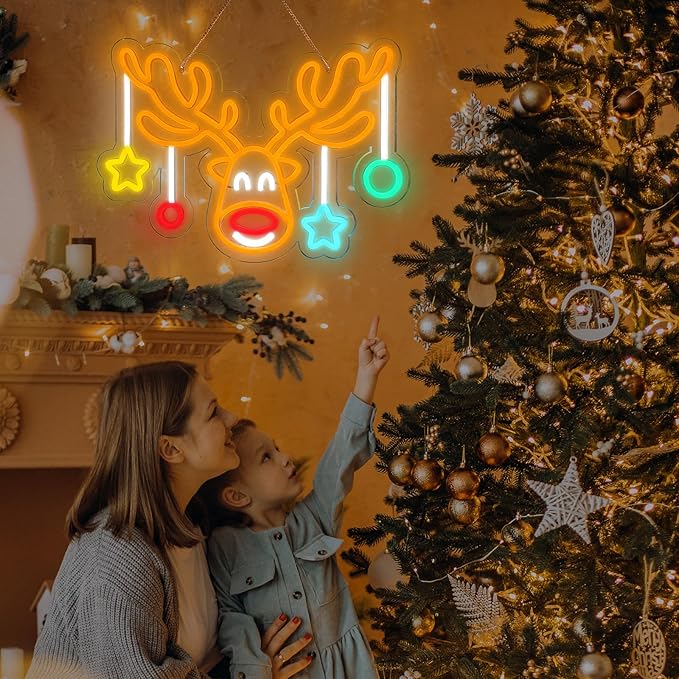 MissAudrey Christmas Elk Neon Sign for Wall Decor, Dimmable Led Christmas Window Lights, Merry Chrismas Deer Neon Sign Decorations for Bedroom Livingroom Winter Home Holiday Party Kids Gifts