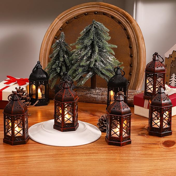 LLQ 8Pack Mini Lantern Decorative for Ramadan & Wedding, Small Vintage Moroccan Lantern with Flickering LED Candle for Halloween Table Centerpieces, Enchanted Forest Medieval Decor, Hanging Ornament