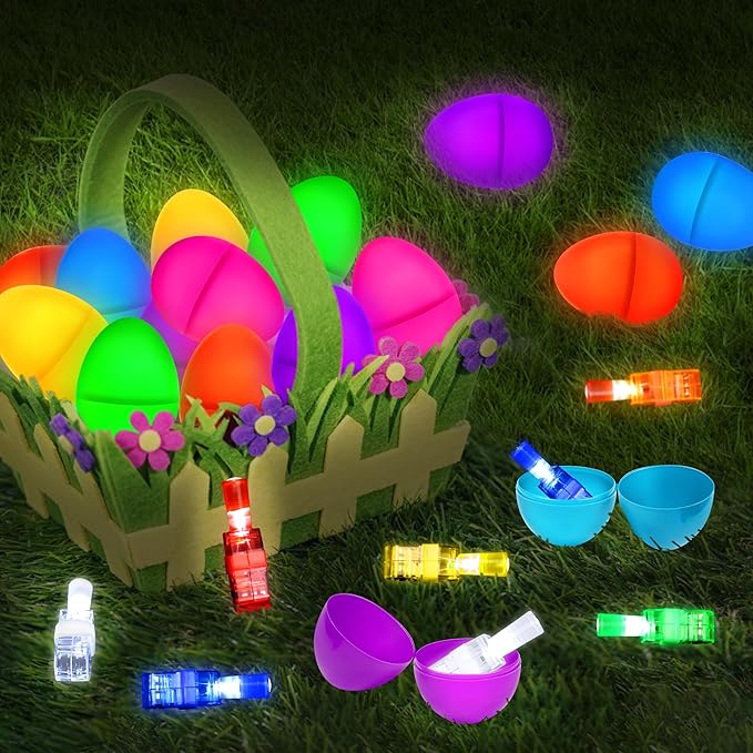 24 Prefilled Easter Eggs with Finger Lights Egg Fillers, Easter Basket Stuffers Gifts for Toddler Kids Teens Plastic Glow In The Dark Easter Eggs Filled Toys for Kids Boys Girls Party Favors Egg Hunt
