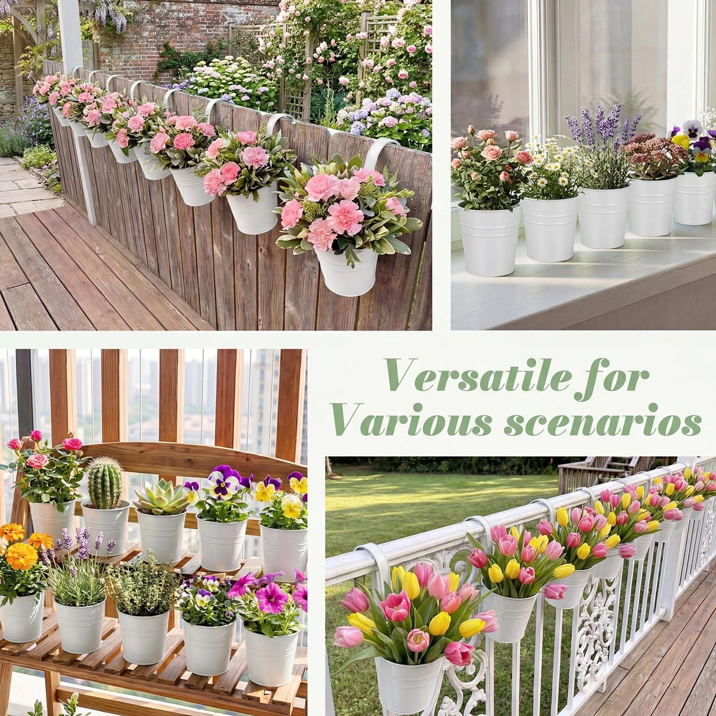 HowRU Hanging Flower Pots, Railing Planter Box for Outdoor Plants 12 Pack 5 Inch Metal Hanging Planters with Detachable Hooks Balcony Window Fence Garden Decoration Flower Boxes, White