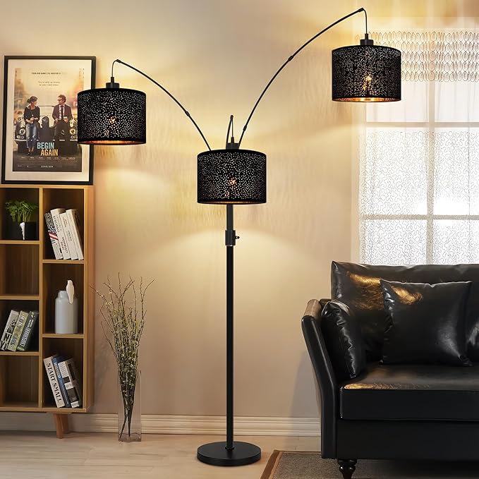 Dimmable Floor Lamp-3 Lights Arc Floor Lamps for Living Room,Modern Tall Standing Lamp With Black Drum Hollow-carved Linen Shades,Gothic Mid Century Tree Floor Lamp for Bedroom Corner,Bulbs Included