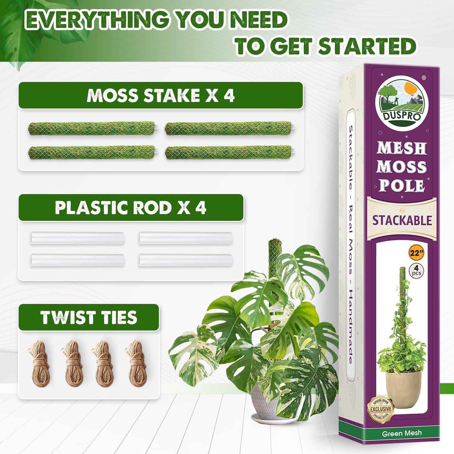 DUSPRO 4 Pack 22" Green Stackable Mesh Moss Pole for Plants β Extendable Up to 71", Natural Forest Moss Pole Monstera Plant Support, Moss Stick for Climbing Plants, Indoor Plant Stakes Accessories