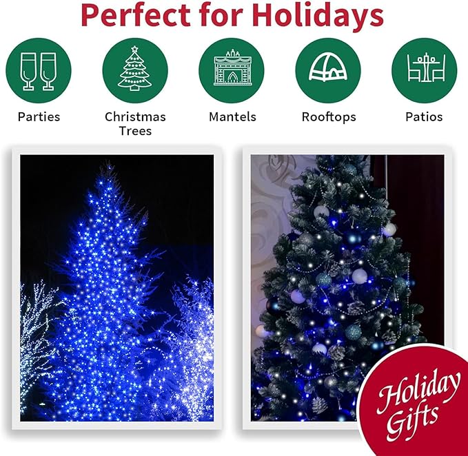 LAMPHOME 66ft Christmas Decorative Mini Lights, 200 LED Green Wire Fairy Starry String Lights Plug in, 16 Lighting Modes for Indoor Outdoor Xmas Tree Wedding Party Decoration (White +Blue)