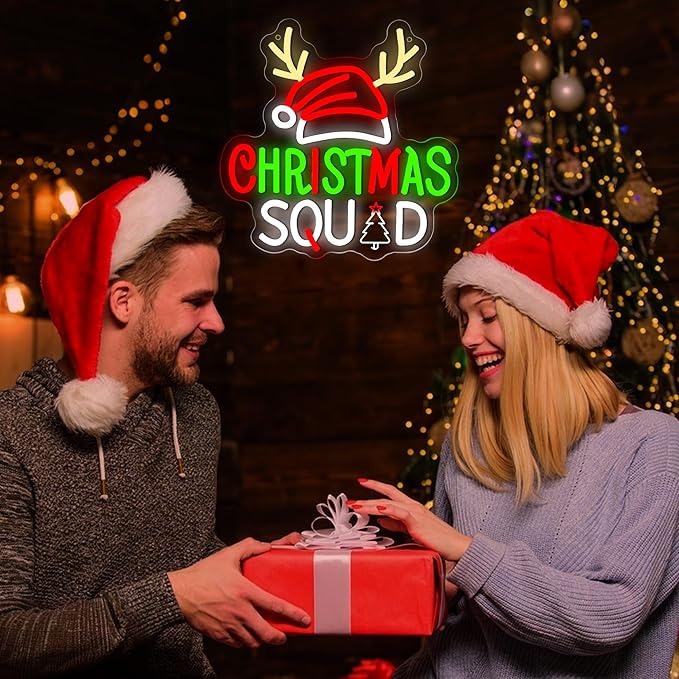 Christmas Neon Sign for Wall Decor Dimmable Christmas Squad LED Neon Light for Party Bedroom Christma Decor for Window Shop Bar Reindeer Santa Hat Signs Festival Gifts for Kids Size 13.2*13in(GLNA002)
