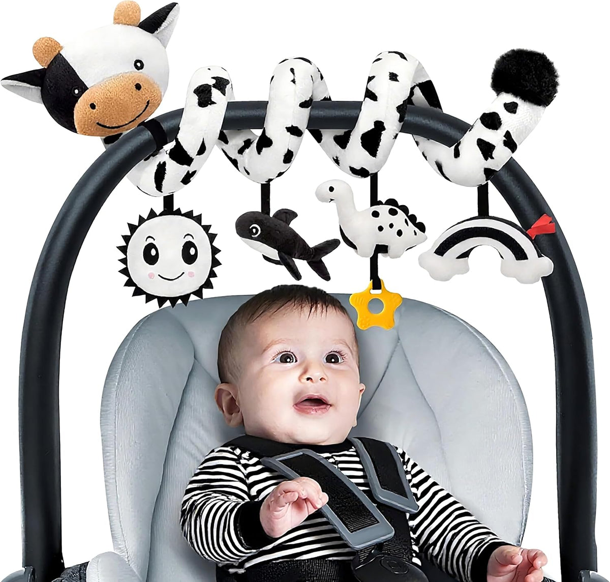 Skiennix Spiral Car Seat Baby Toy - High Contrast Sensory Hanging Stroller Accessory | Black & White Cow for Infants 0-6 Months