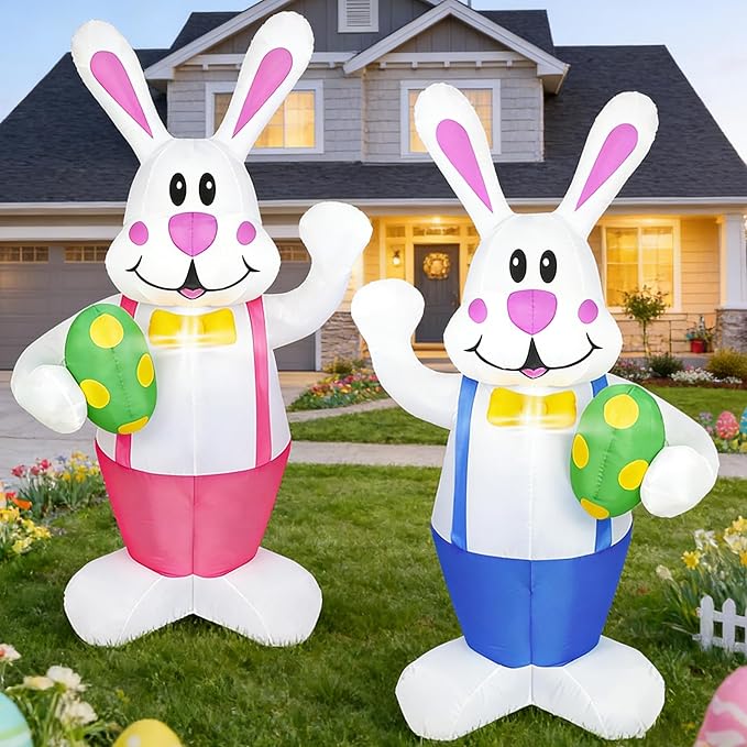 Dearsun Set of 2PCS, 6.2FT H Lovely Easter Inflatable Bunnies Holding Easter Egg, Easter Bunny Blow up Yard Decorations Giant Bunny for Holiday Party Indoor Outdoor Decorations