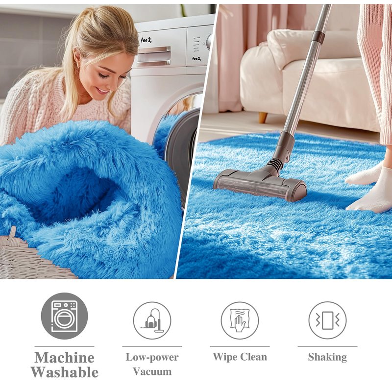OLANLY Bright Blue Round Rugs for Bedroom - Machine Washable, 4 ft Circle Area Rugs for Living Room, Soft and Fluffy Shaggy Carpet for Teen Girl and Boys, Nursery Rooms, Dorms, Home Decor Aesthetic