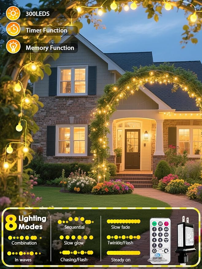 300LED Globe String Lights Indoor Outdoor for Bedroom, 108ft Warm White Fairy Lights Plug in with Remote, 8 Modes Waterproof Hanging String Light for Girl's Room Classroom Wedding Party Wedding Decor