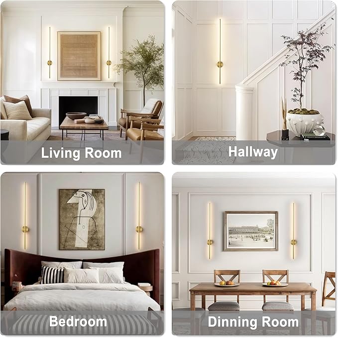 Motion Sensor Battery Operated Wall Sconce Set of Two - Modern Rechargeable Wireless Wall Lights with Remote Control, Dimmable, 3000K/4000K/6000K, Timer for Living Room, Hallway, Brass, 39.3 Inch