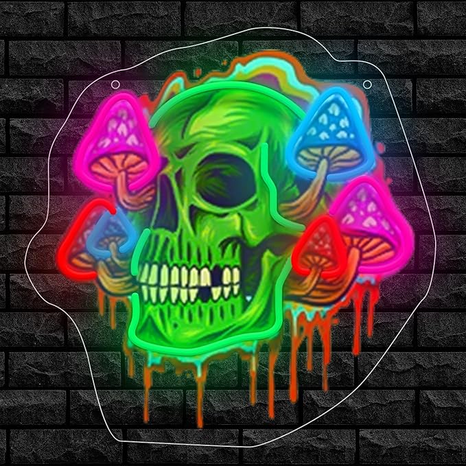 Psychedelic Skull Neon Sign with Printed Backboard, LED Neon Wall Art with Colorful Mushrooms for Man Cave, Bar, Game Room & Studio Decor, USB Powered Birthday Holiday gifts