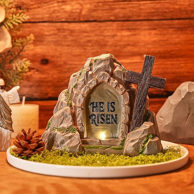 Empty Tomb Easter Decor with LED Lighting, Battery Powered Resurrection Scene for Christian Decoration, Resin HE is Risen Religious Display with Timer, Home Office Tabletop Tray, Shelf Decor