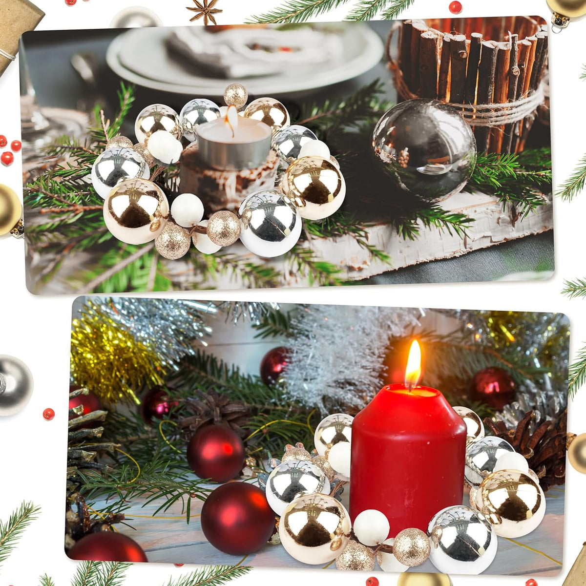 Regine Switzerland Christmas Ball Candle Rings - Glitter Gold & Silver | 3.2 Inch Pillar Candle Holders for Rustic Winter Decor