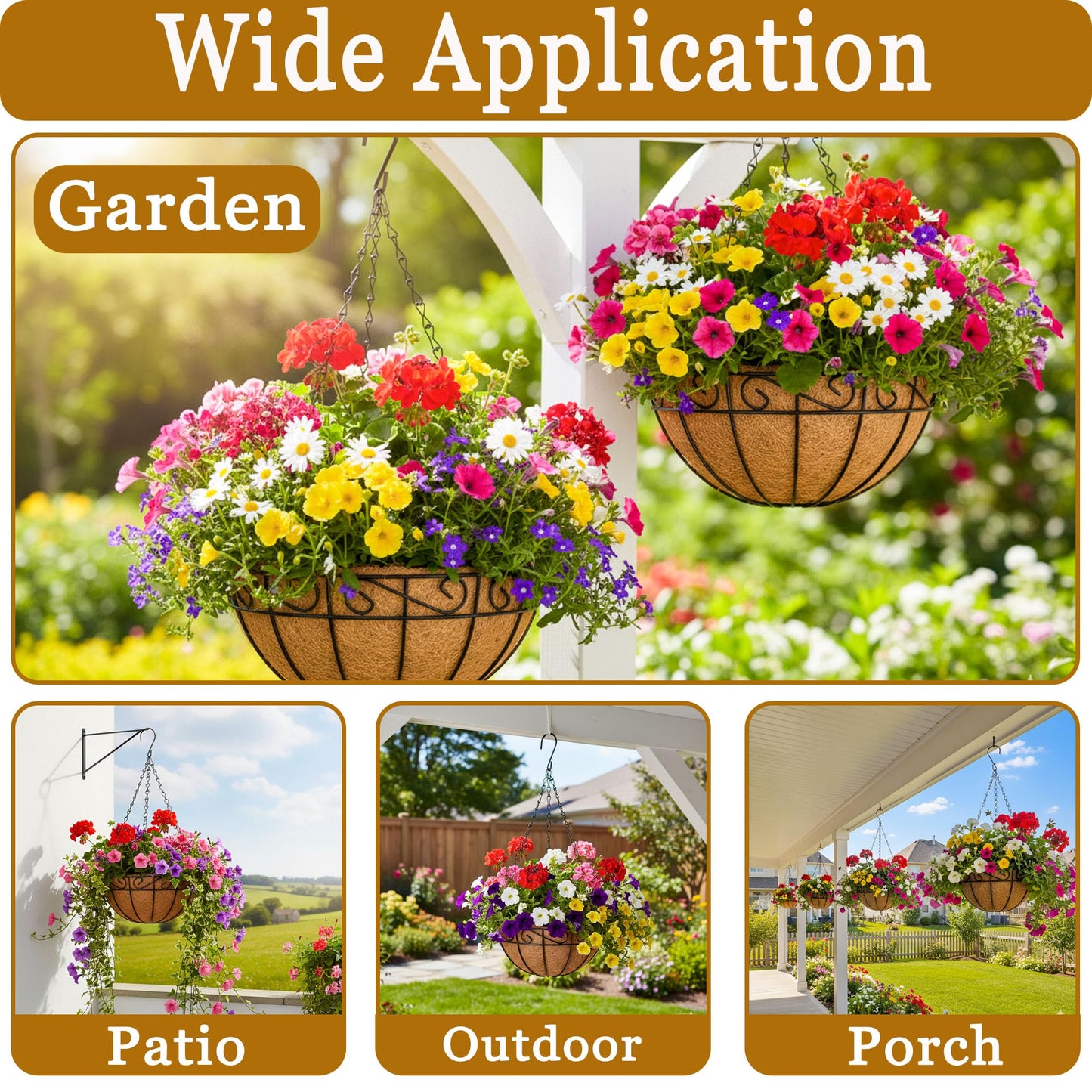 SMYAXUNW 4 Pack Hanging Planters 14 Inch Metal Hanging Planter Basket Flower Pots with Coco Coir Liners Round Wire Plant Holder with Chain for Indoor Outdoor Patio Porch Garden Decoration(HB)