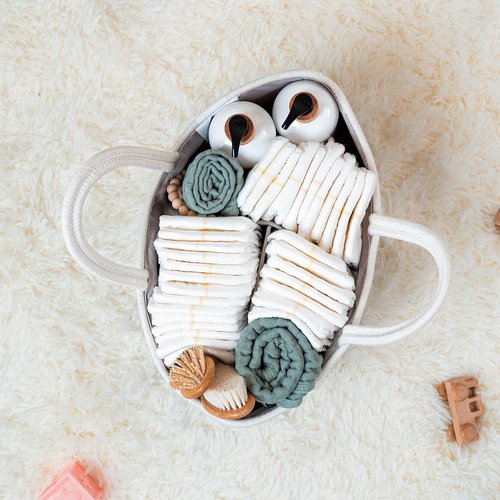 Comfy Cubs Diaper Caddy Organizer - Large 8.5" x 15" x 8" Cotton Basket with 3 Compartments - Stylish Sage Design for Baby Essentials