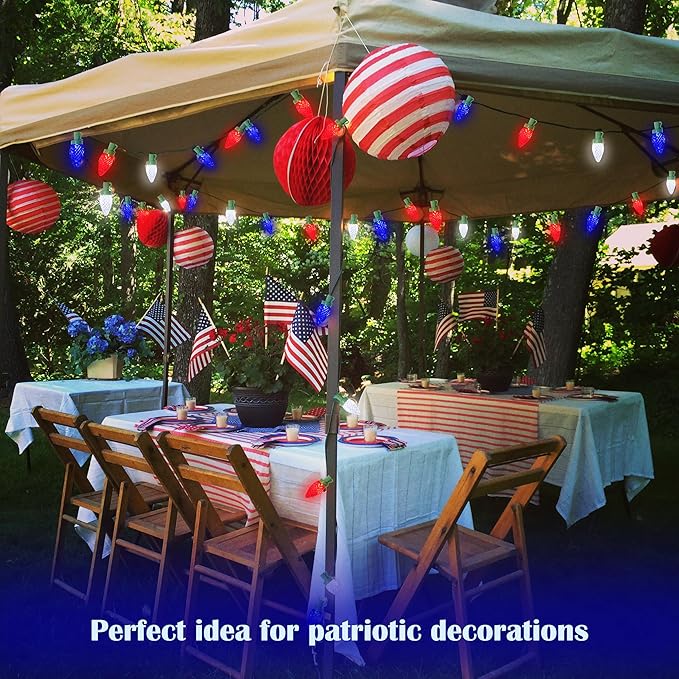 4th of July Decorations C7 Bulb Solar String Lights Outdoor Waterproof 50 LED Red White Blue Solar Lights for Independence Day President Memorial Day Christmas Party Patriotic Decorations