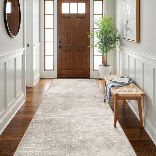 Hallway 4x10 Washable Runner Rug:Stain Resistant Abstract Rug for Kitchen Entryway Farmhouse Soft Carpet for Bathroom Bedroom Thin Laudry Living Room Floor Mat with Non Slip Backing(4x10,Beige/Cream)
