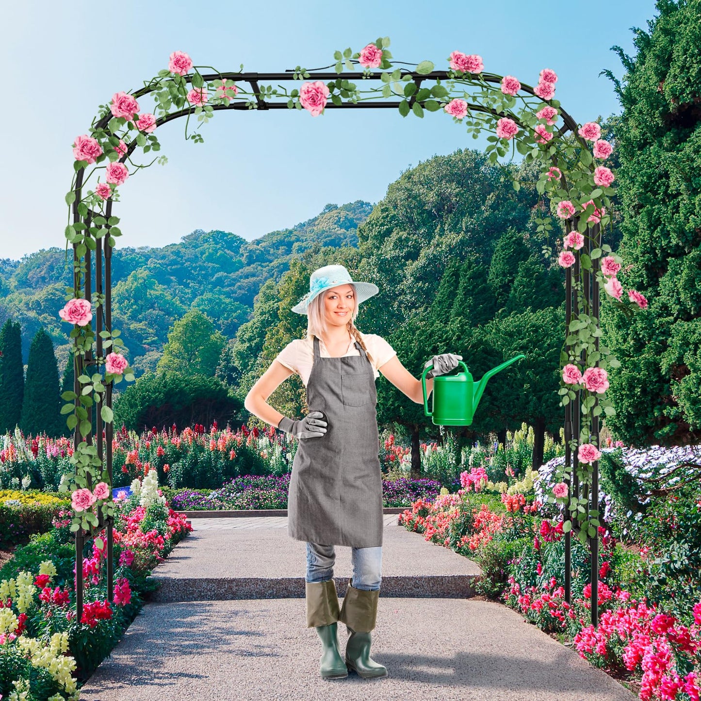 87in H Tall Garden Arch Trellis for Climbing Plants Outdoor, Large Plastic Coated Metal Cucumber Trellis Arbor Arch, Black Garden Archway Trellises Decoration for Lawn, Patio, Backyard