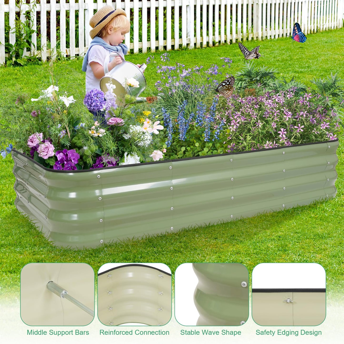1MORE Raised Garden Bed -5X3X1 Galvanized Planter Box for Outdoor Gardening,4 in 1 Modular Raised Bed Kit with Protective Tape, Gloves for Herb,Ideal for Vegetables and Plants.Green-1Pack