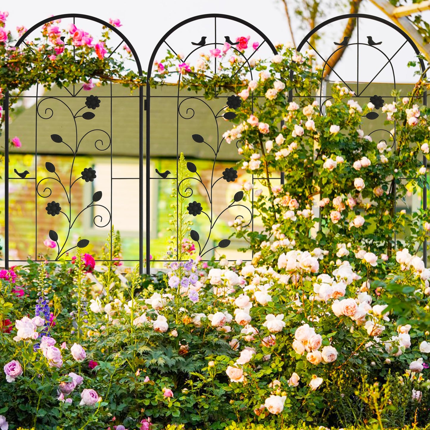 LZRS 4 Pack Rustic Iron Arch Decoration Garden Trellis with Black Metal Coating – Perfect for Supporting Climbing Plants Outdoor, Roses, Vines, Flowers, and Vegetables.