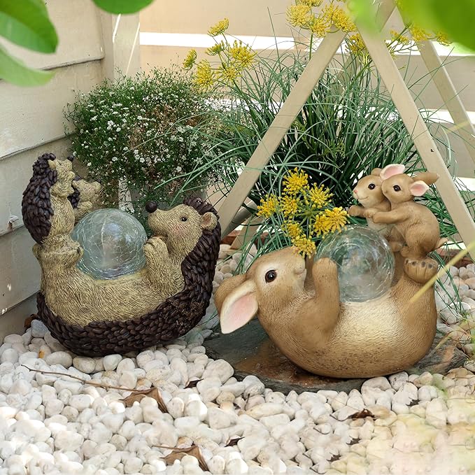 Solar Bunny Lamp Playing with Ball, 10x5x9 Inch Outdoor Easter Rabbit Decor, Whimsical Garden Statue for Lawn, Backyard & Night Landscape, Easter Bunny Figurine Night Light
