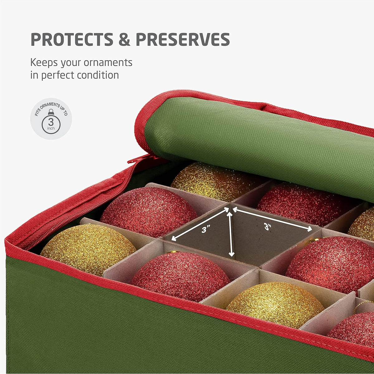 ZOBER Large Christmas Ornament Storage Box - Organize 128 3" Ornaments with Dividers - Durable Green Container with Extra Pockets & Dual Zipper