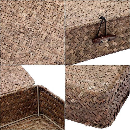 Hipiwe Wicker Storage Baskets - Set of 3 Handwoven Seagrass Bins with Lids | Large 14.8"x13" Coffee