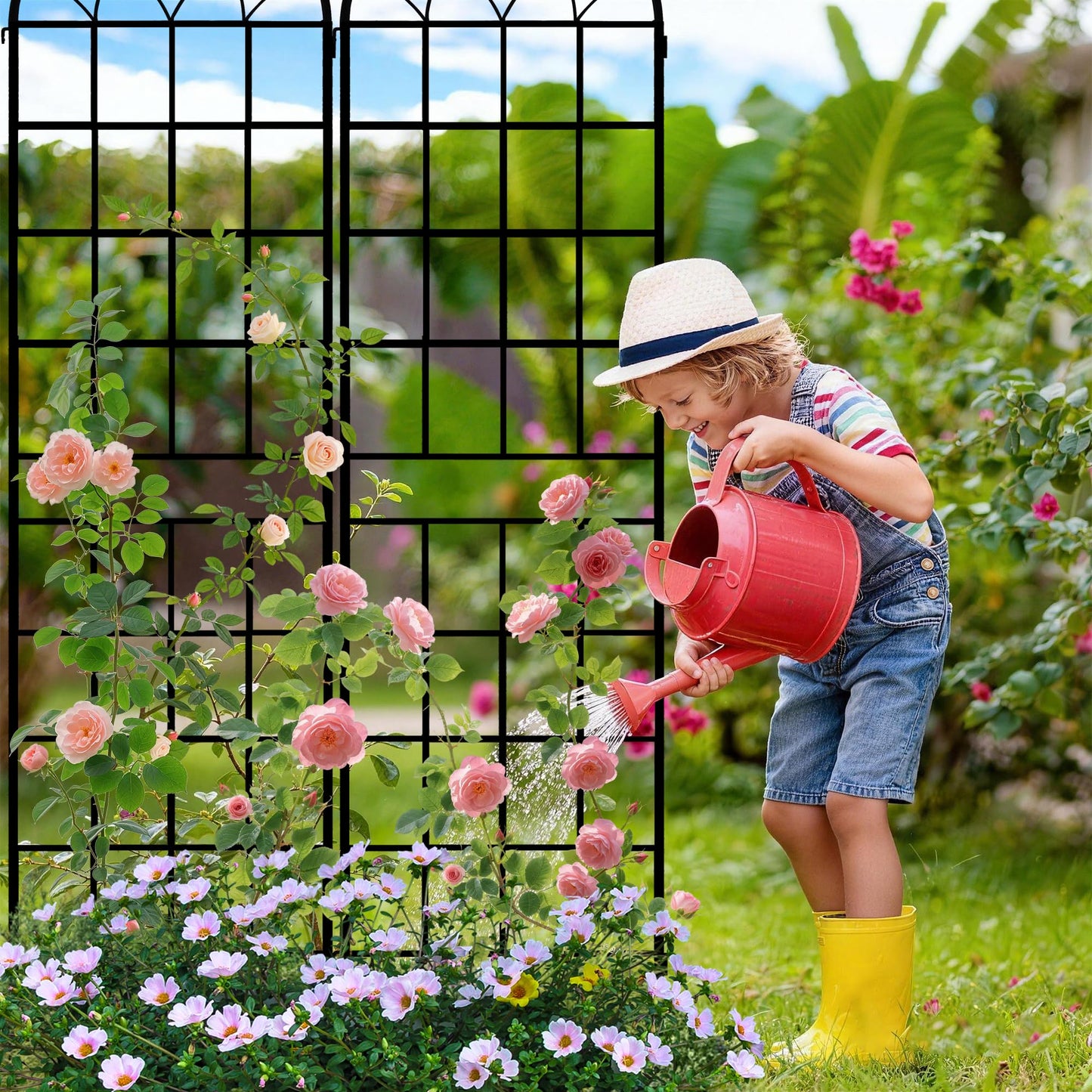 LZRS 4 Pack 83x20in Rustic Iron Arch Decoration Garden Trellis with Black Metal Coating – Perfect for Supporting Climbing Plants Outdoor, Roses, Vines, Flowers, and Vegetables.