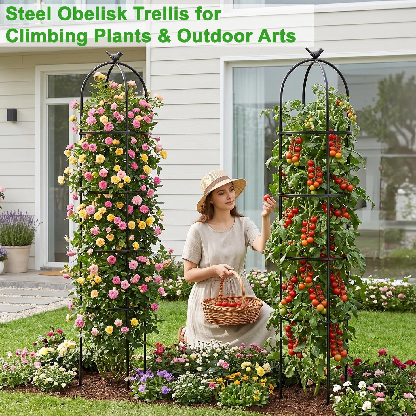HEYTIMI 2 Pack 6 Ft Heavy Duty Metal Garden Obelisk Trellis for Climbing Plants, Rust‑Resistant Black Steel Vine Support for Rose Clematis Jasmine, Potted Flower Stand Indoor & Outdoor Decor (Bird)