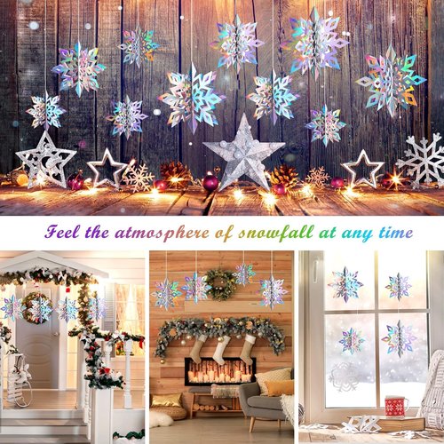 JULMELON 15Pcs Holographic Snowflakes Garland - Stunning Winter Wonderland Decorations