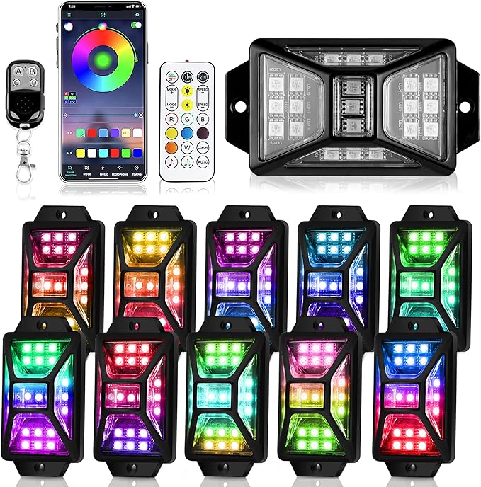 10 Pods Full Angle RGB Rock Lights Compatible with 12V Trucks Jeep UTV SUV ATV Boat Golf Cart, Waterproof Multi-Color, App/Remote Control Led Rock Lights with Music Mode