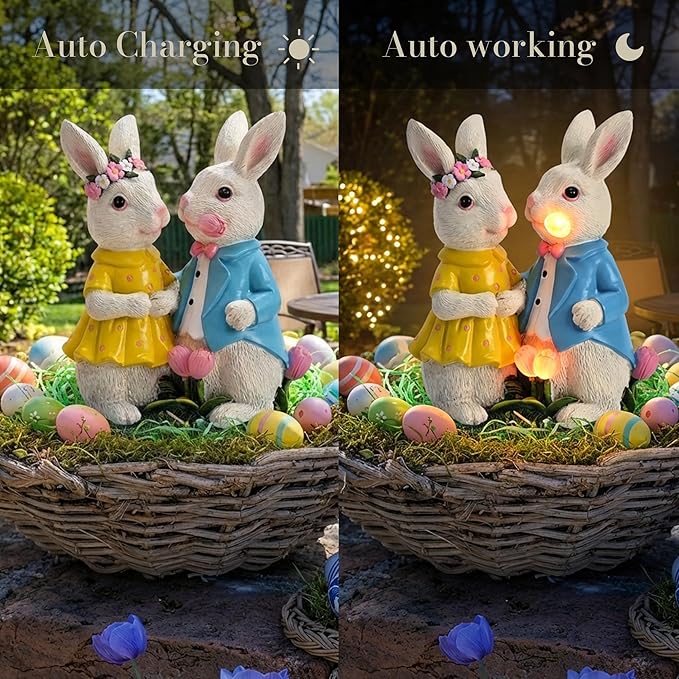 TERESA'S COLLECTIONS Easter Decorations Outdoor with Solar Lights, 8'' Lighted Easter Bunny Decor, Spring Easter Decor for Entryway Planter Mantel Tabletop Ideal Easter Gifts