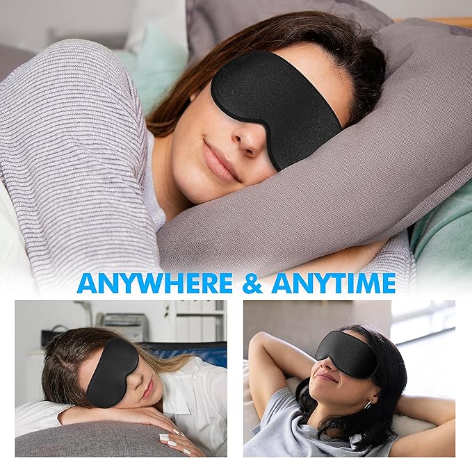 Sleep Eye Mask for Men Women, Lash Extensions 3D Contoured Cup Sleeping Mask, Travel Blackout Night Blindfold Eye Shade Cover with Adjustable Strap (Black-Side Sleeper)