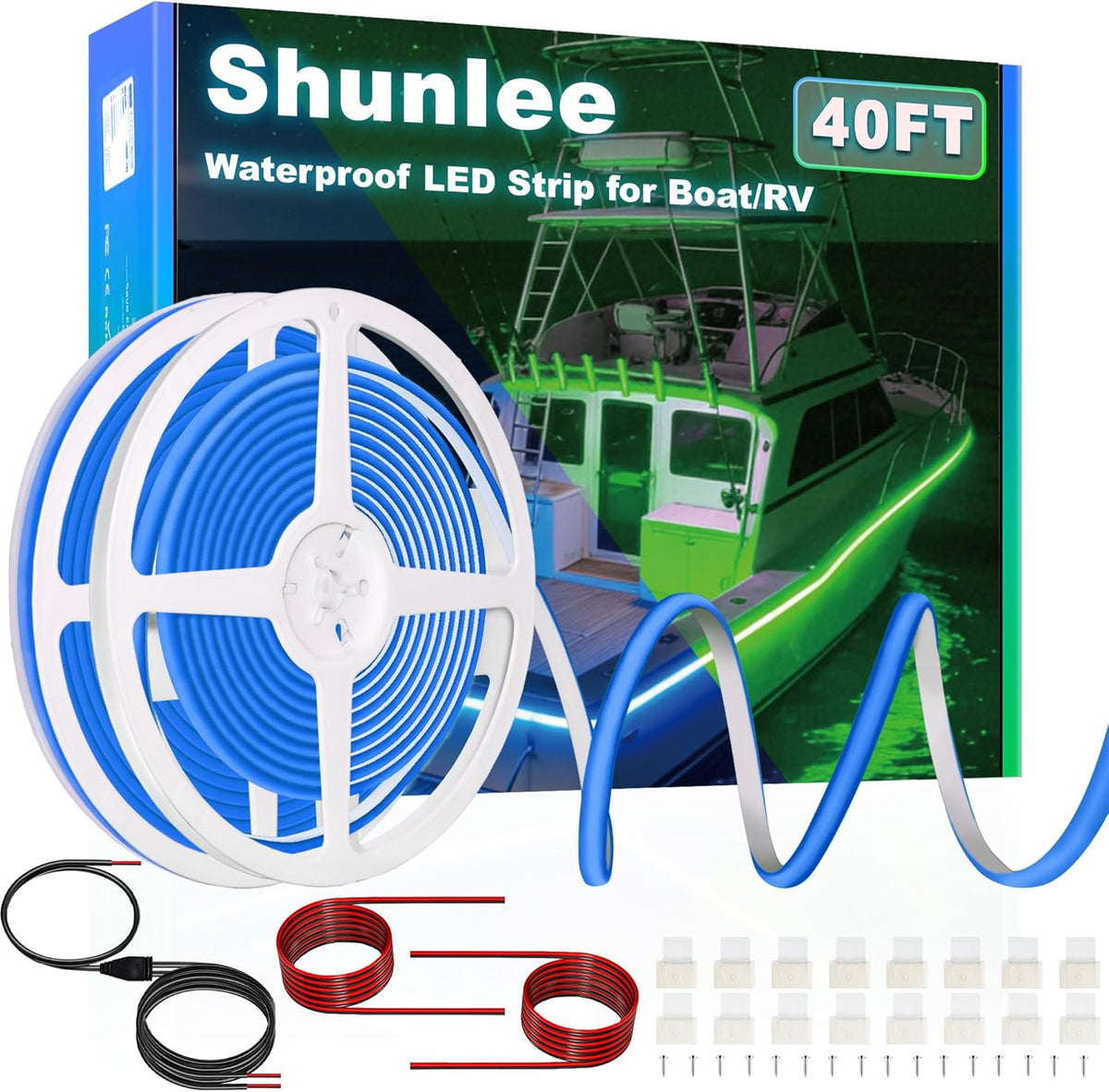 SHUNLEE Boat Led Light Strip Blue 40FT, IP67 COB Waterproof Marine Pontoon Led Lights, Boat Interior Lights for Night Fishing, Kayak, RV, Jon, Bass (40FT-Blue)