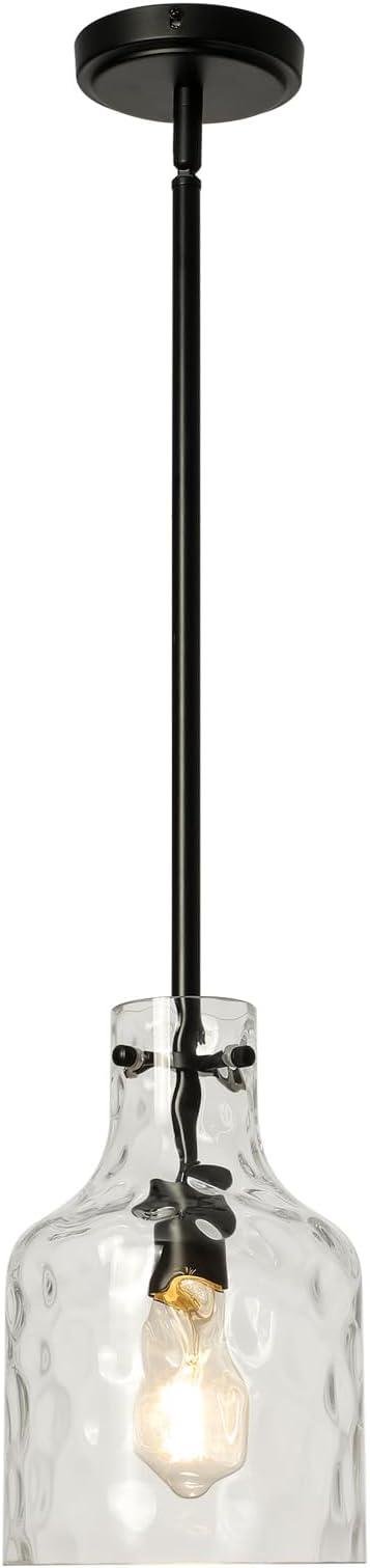 WILON Industrial Glass Pendant Lights for Kitchen Island, Modern Black Pandent Light Fixture 7" Hammered Glass Shade Farmhouse Pendant Lights Adjustable Rod Hanging Light for Kitchen Sink Dining Room