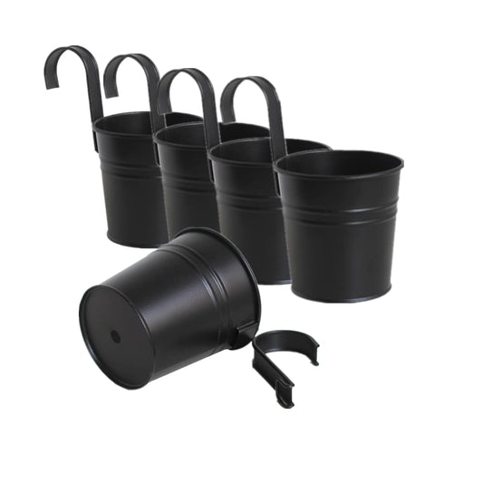 Leoyoubei Hanging Flower Pots for Outdoor Indoor Plants with Removable Hooks -5 Pack Metal Buckets Hanging Plant Pots Wall Fence Home Decor-Storage Box,Drainage Holes -5''Diameter (Black)